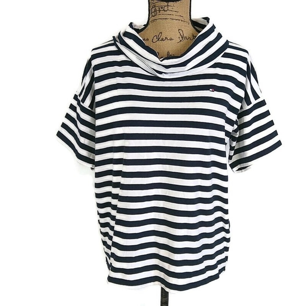 Tommy Hilfiger Top Womens Small Navy White Striped Cowl Neck Short Sleeve Logo